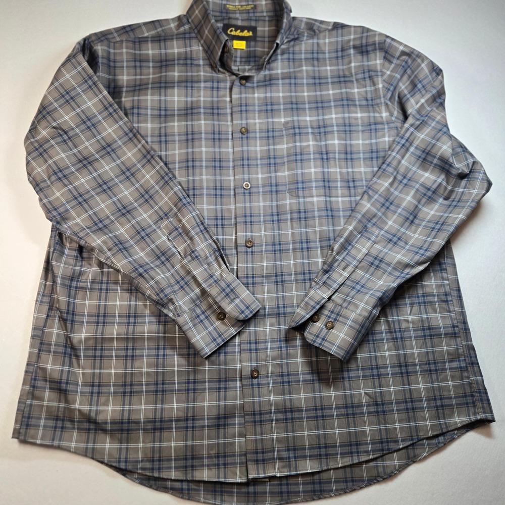 Cabela's Button Down Shirt Mens XL Brown Blue Plaid Excellent Long Sleeve Cotton